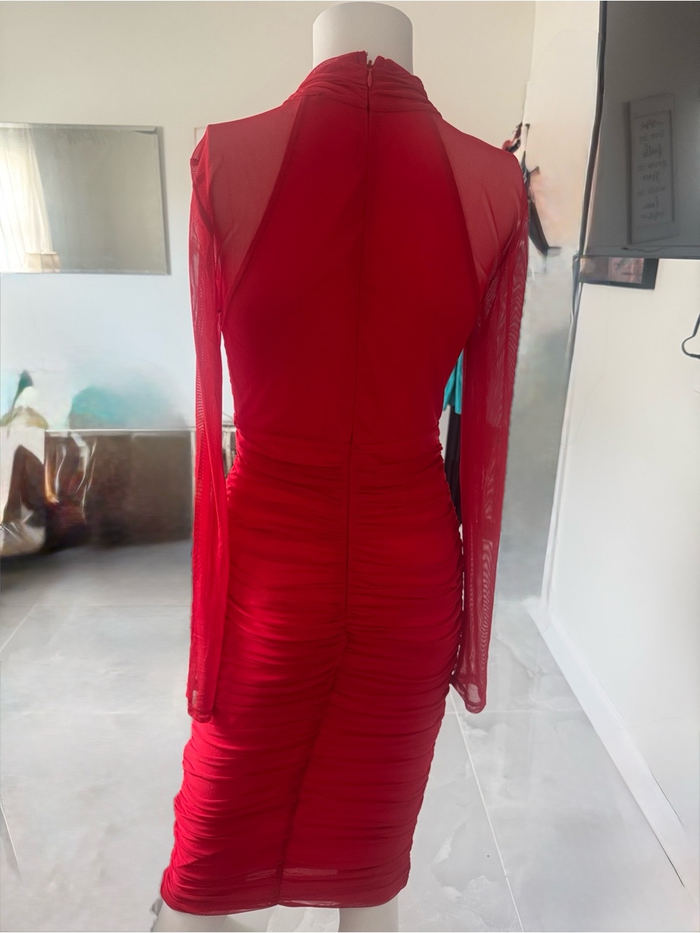 Venus Red Cutout Bodycon Dress with sheer long sleeves - Picture 3 of 3